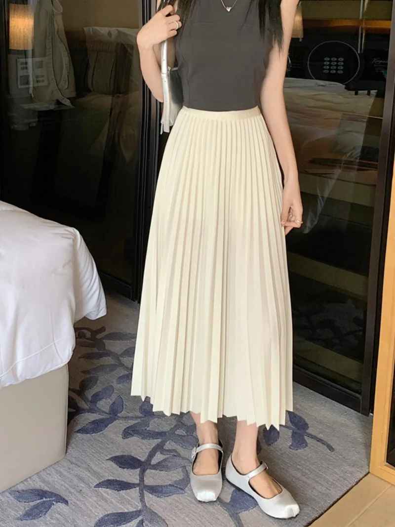 Summer Midi Long Pleated Skirt for Women Korean Style Elastic Waist A-line Skirts Student Female