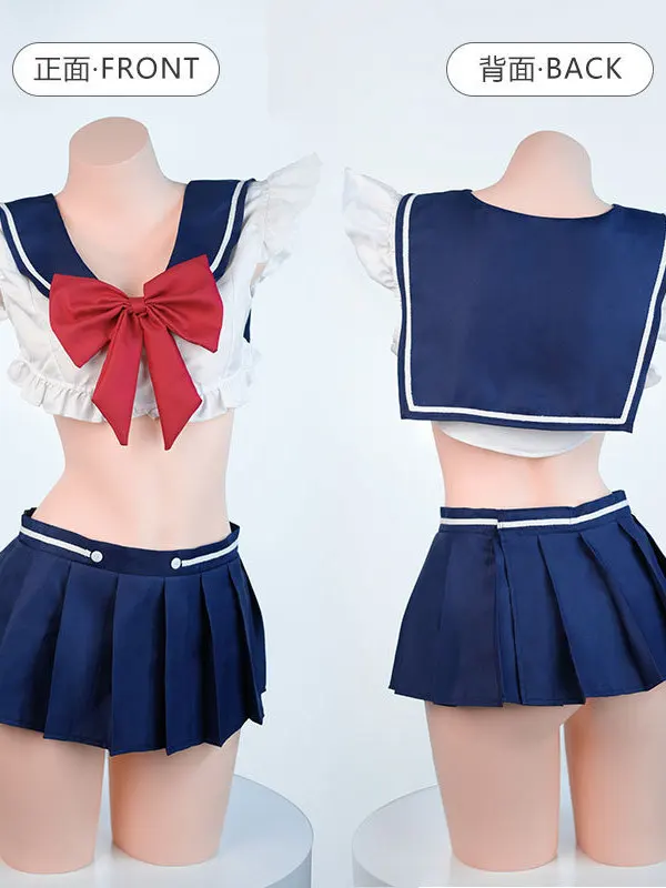 Cute And Sweet Navy Suit Underwear Campus Pure Desire Sets Bow V-neck Short Top Hip Length Pleated Skirt Preppy Style 4ECJ