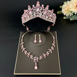 Gorgeous Gold Color Pink Crystal Bridal Jewelry Sets for Women Fashion Tiaras Earrings Necklace Crown Wedding Dubai Jewelry Set