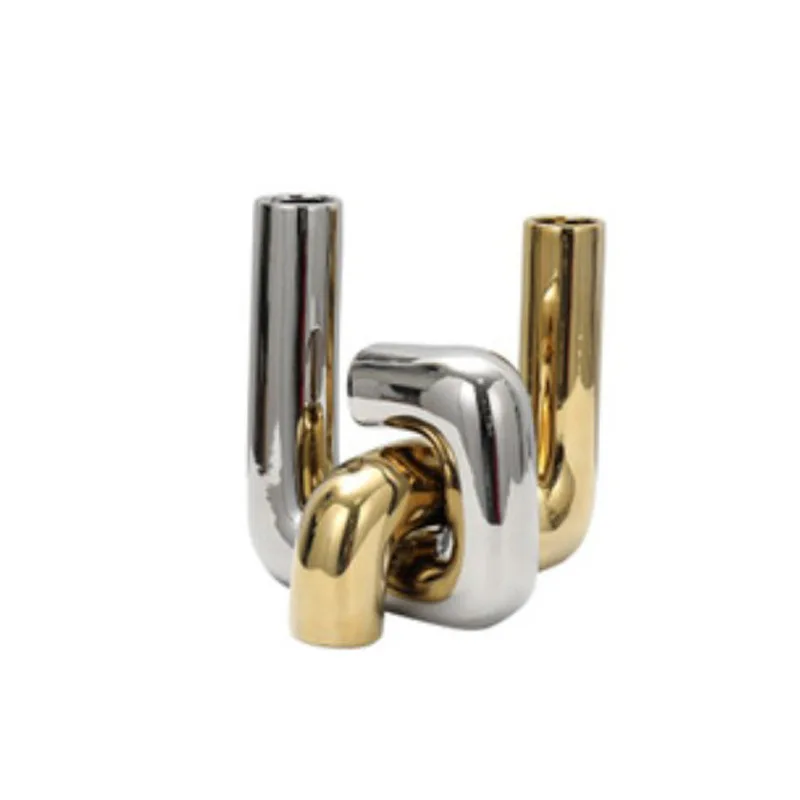 

Light luxury electroplated pipe bending ornament vase creative twisted flower device model room living room