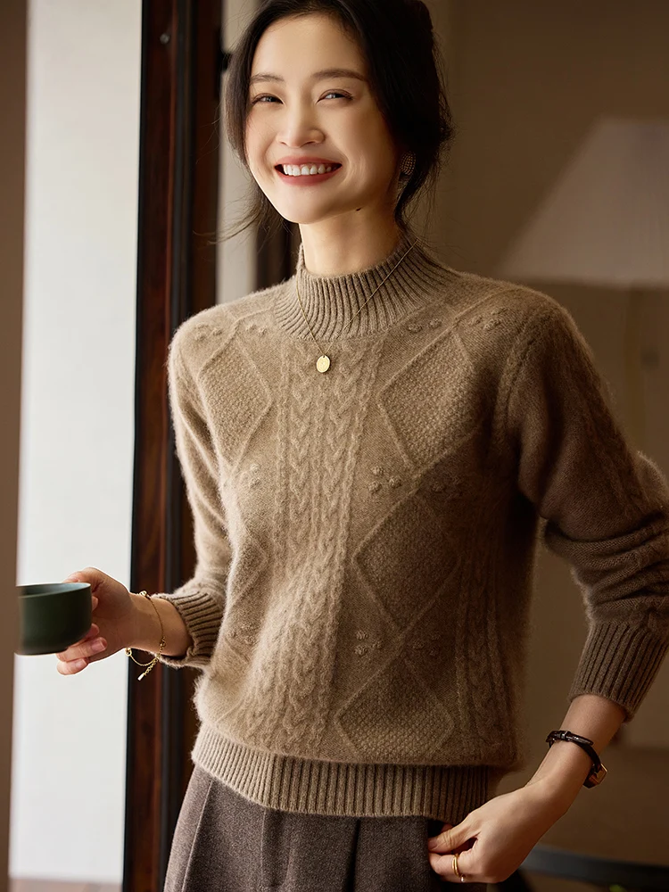 TLOML Nowa damska odzież dzianinowa ze 100% wełny merino, golf, dzianina w warkocze, jesień-zima, wygodna, miękka, kaszmirowa odzież dzianinowa, topy