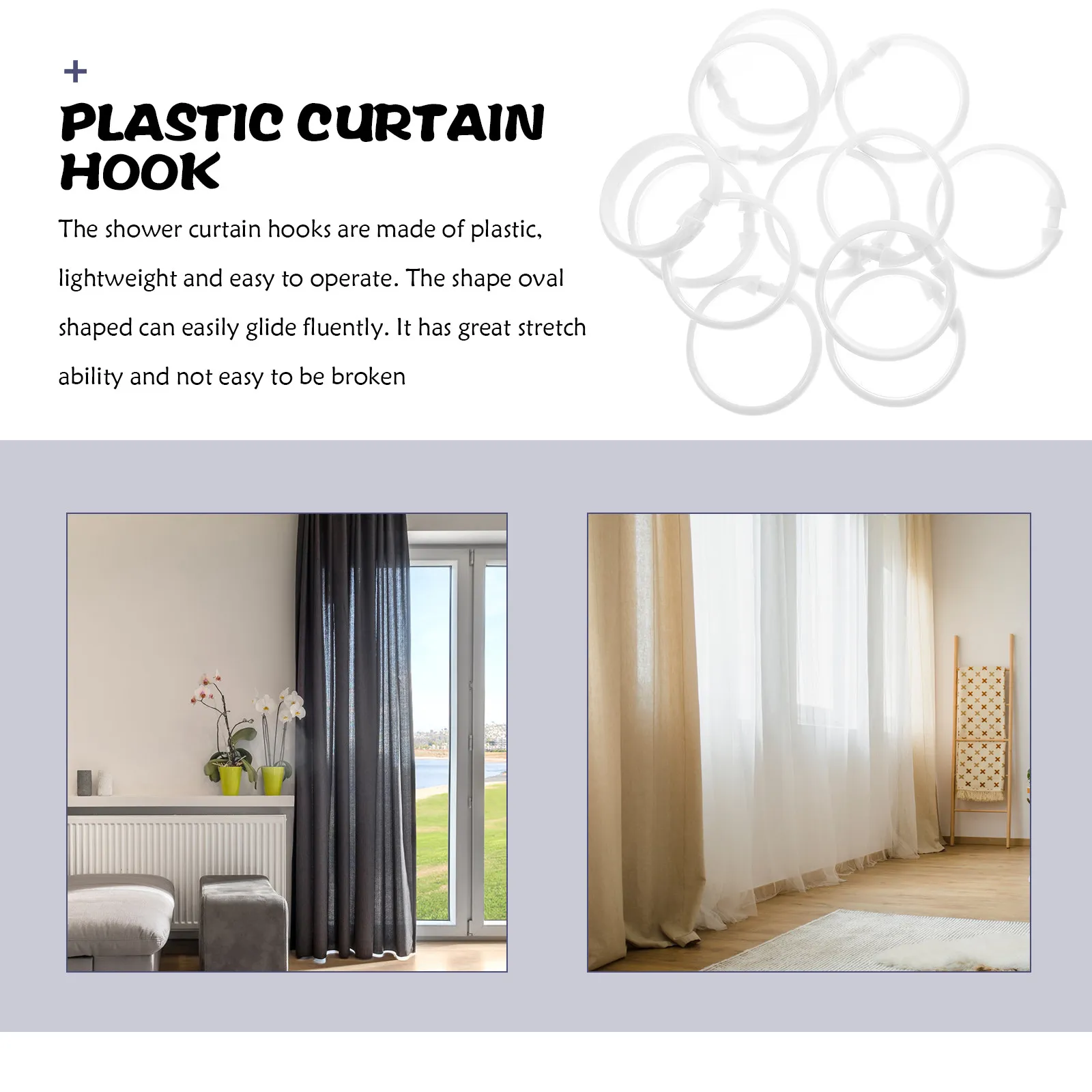 12Pcs O Shaped Shower Curtain Hooks Heavy Duty Plastic Rings Friction Free Glide Silent Bath Drape Loops for Bathroom Changing