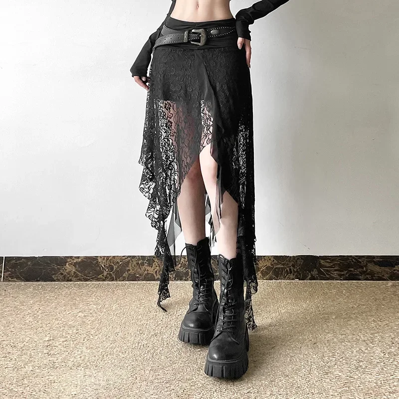 2025 New Vintage Dark Punk Irregular Hem Lace Patchwork Mid Skirts Gothic Retro Women's Streetwear Fairy Slim Pleat A-line Skirt