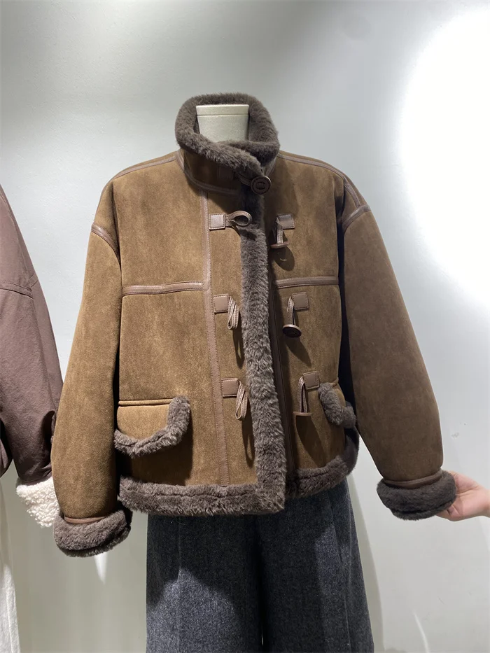 

Mumu 3259, женское замшевое байкерское пальто с меховой подкладкой, зимнее новое пальто на пуговицах, верхняя одежда для поездок на работу, Sle