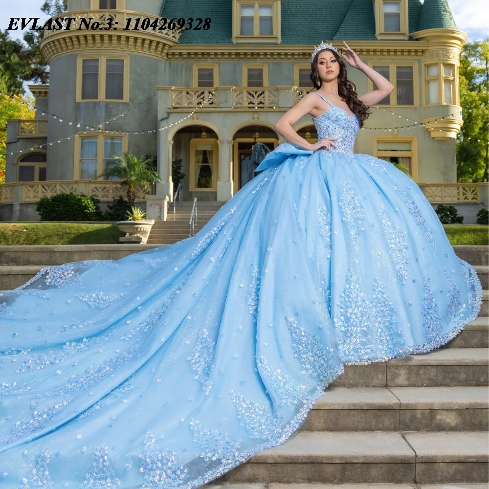 

EVLAST Customized Mexican Sky Blue Quinceanera Dress Ball Gown Sequins Applique Beading Bow Sweet 16 Vestido De 15 Anos E3Q266