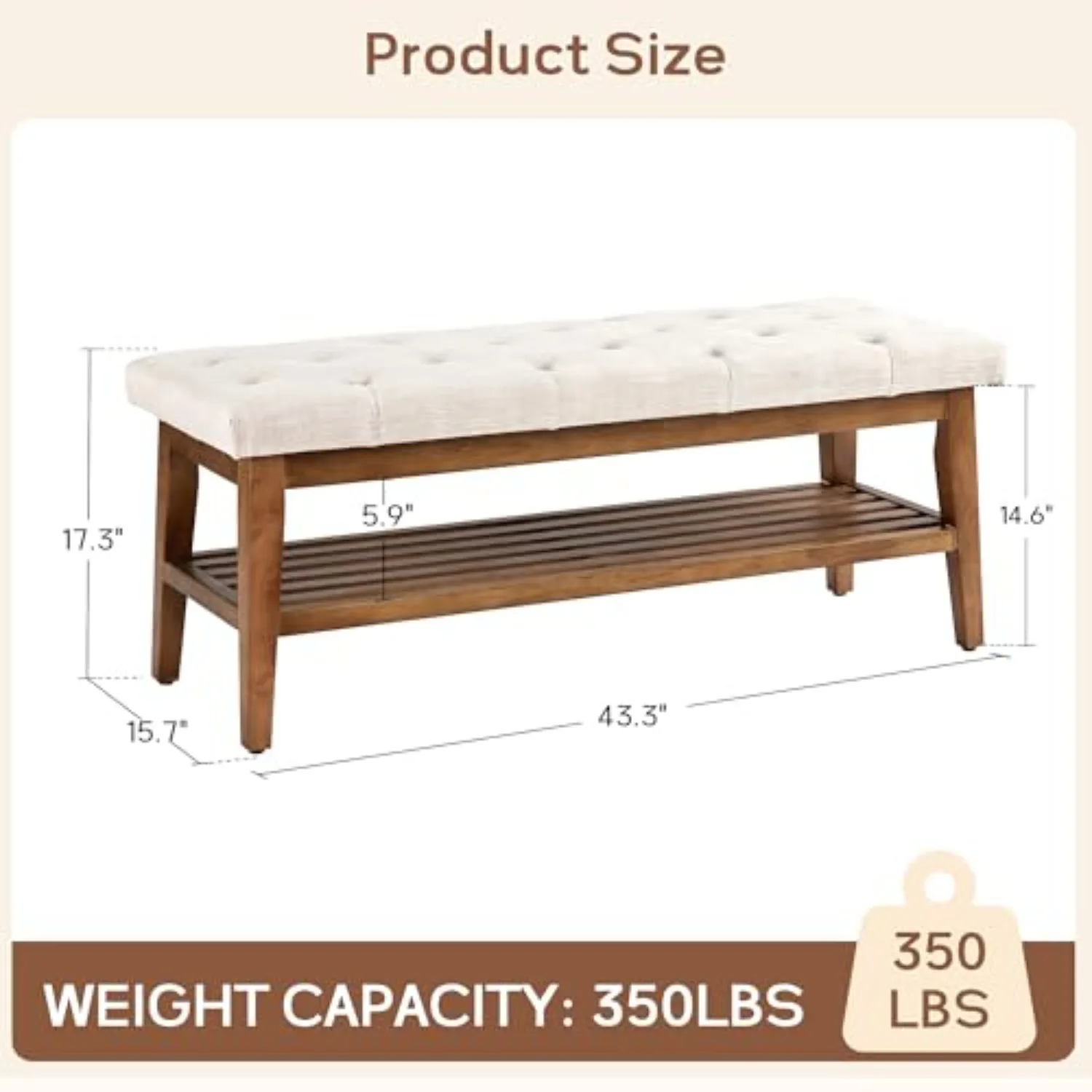 Upholstered Entryway Shoe Bench, Button Tufted End of Bed Bench,Beige | with Solid Wood Slatted Shelf, Padded Ottoman