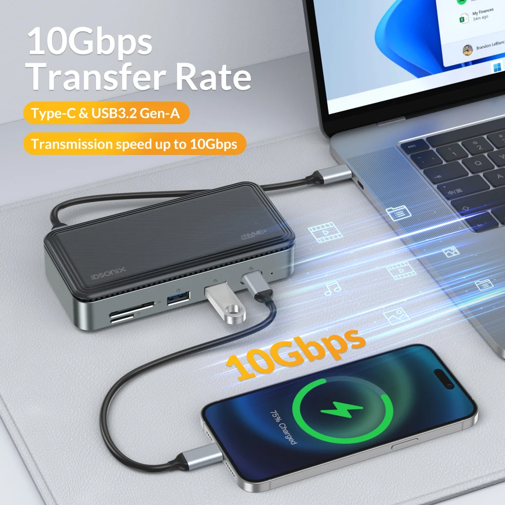 Imagem -02 - Idsonix-nvme Enclosure Docking Station 10gbps Hub Usb 3.2 Sata Case Ssd Divisor Usb Multiportas Compatível com Hdmi sd Leitor de Cartões tf