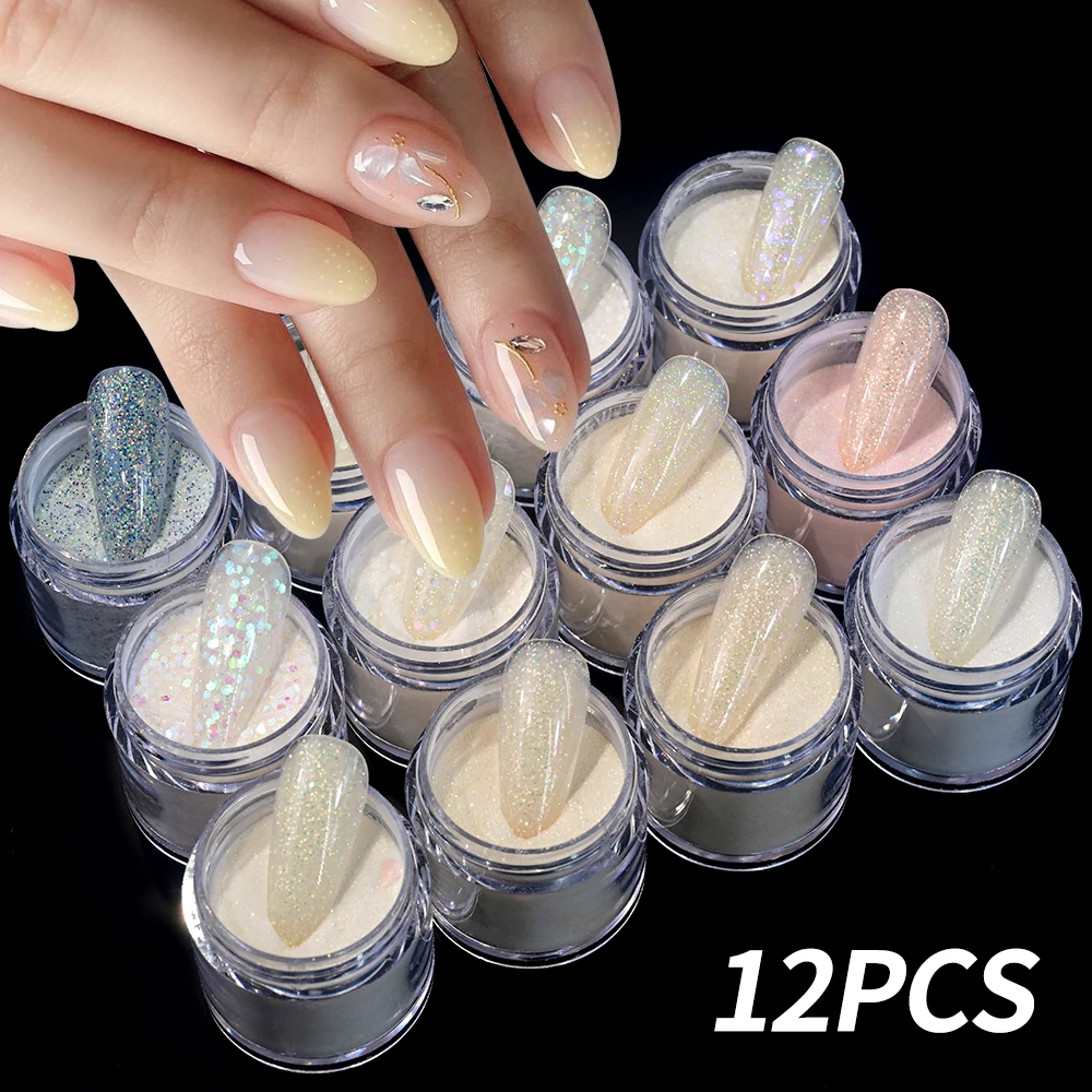 12Colors/Set Diamond Acrylic/Dip Powder Nail Art Glitter Mixed Colorful Symphony Pigment Holographic Nail Sequins #3 IN 1 *10ml*