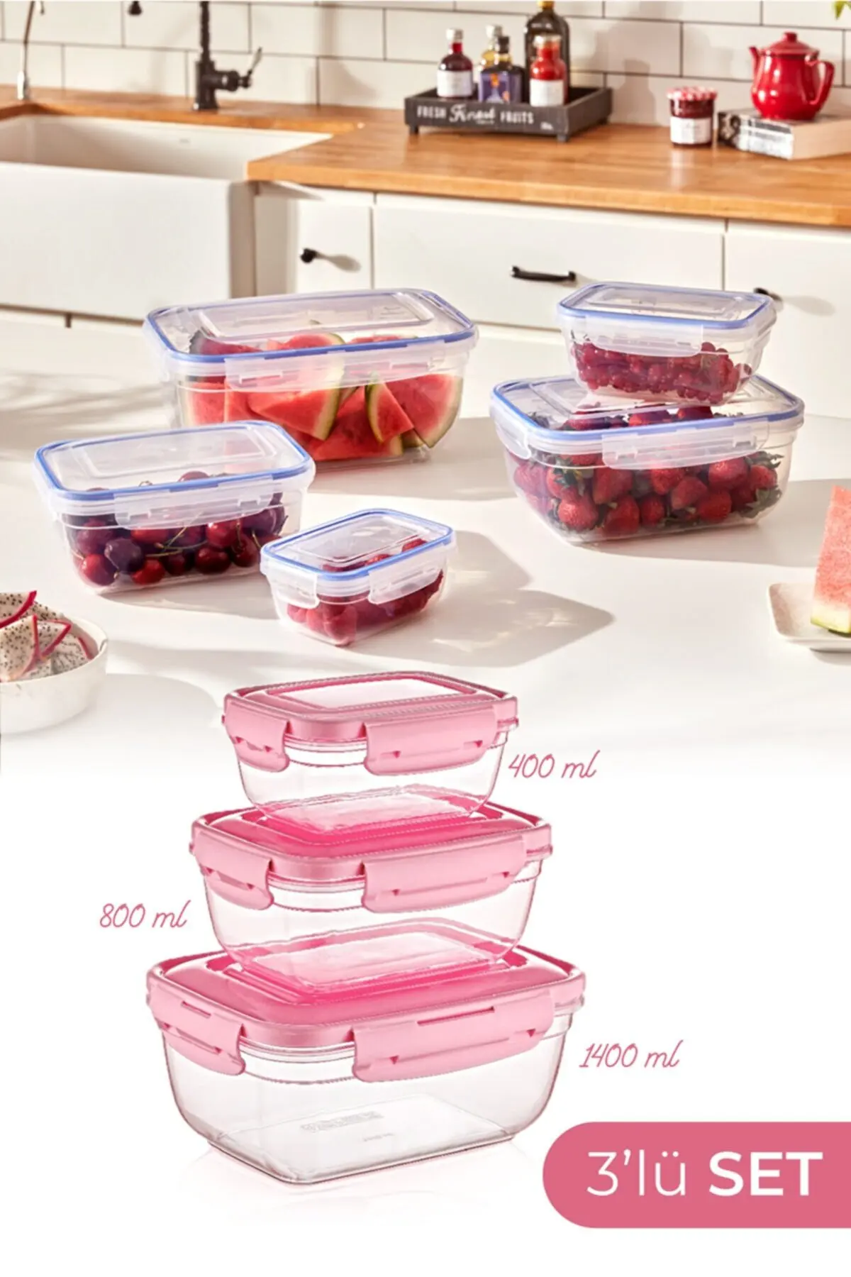 Lock & fresh 3 Pieces Rectangular Set with Gasket(400,800,,, ML) Kitchen Cabinet Organizer Storage Container