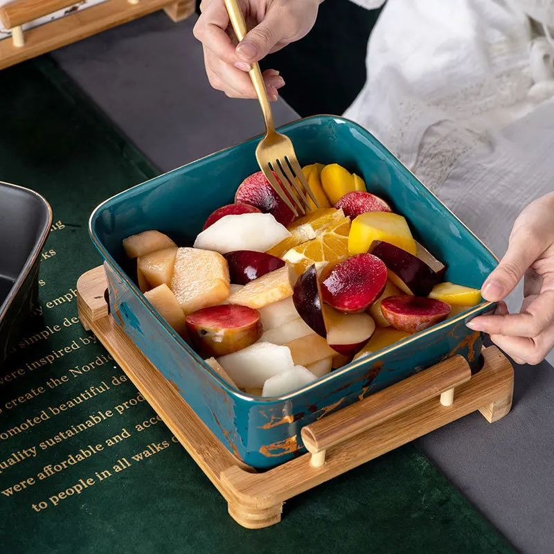 

Nordic Simple Marble Golden Pattern Peacock Green Square Fruit Bowl Versatile Ceramic Salad Square Bowl with Wooden Bracket