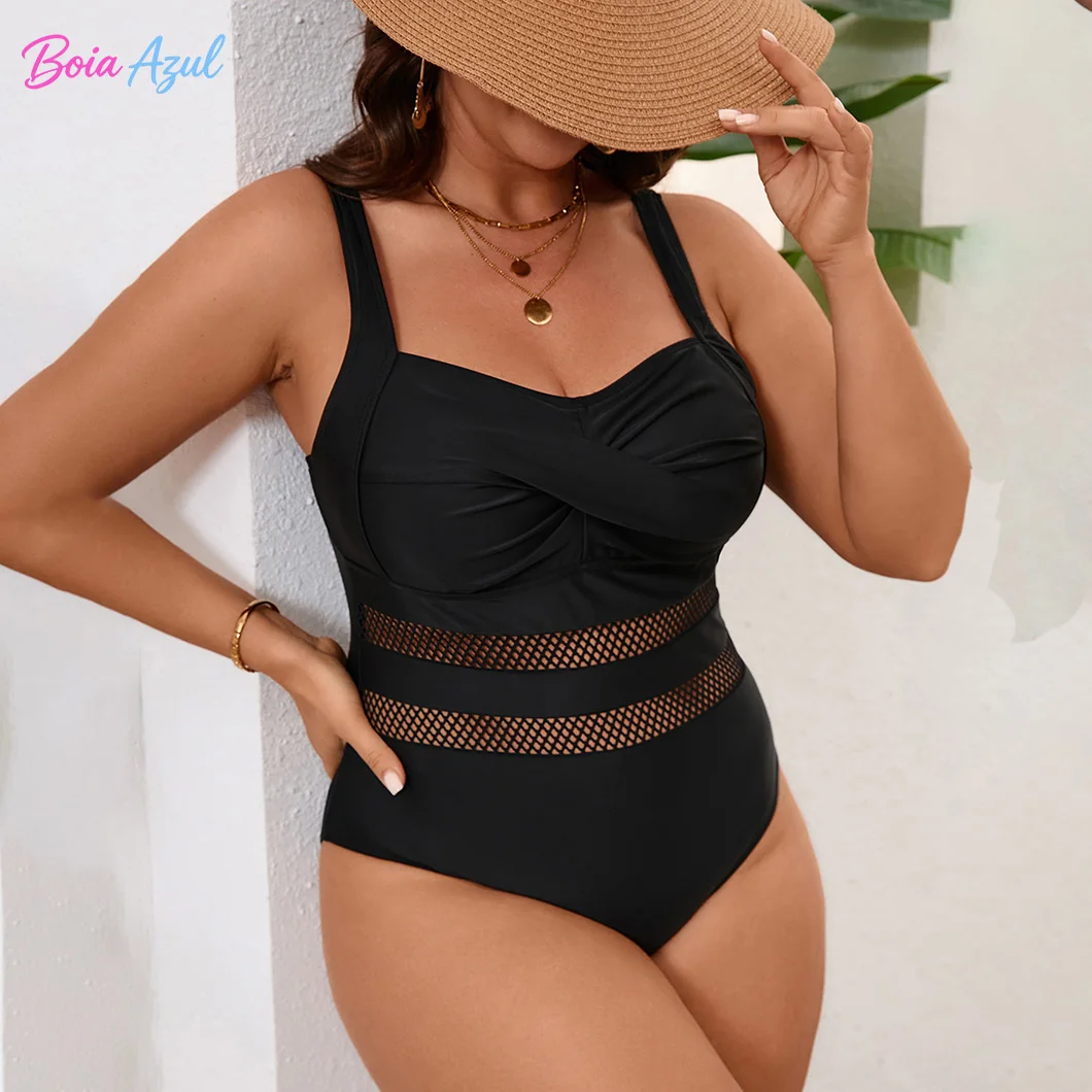 Solid Black One Piece Swimsuit  Mesh Hollow Out  For Curvy Figure Twist Front Wide Tummy Control Slimming Bathing Suit For Pool