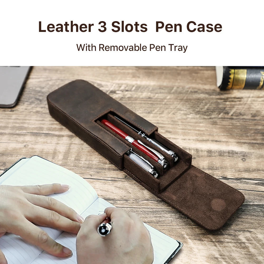 Luxury Genuine Leather 3 Slots Pen Case With Removable Pen Tray Holder Pencil Case Office School Supplies Pouch Creative Gift