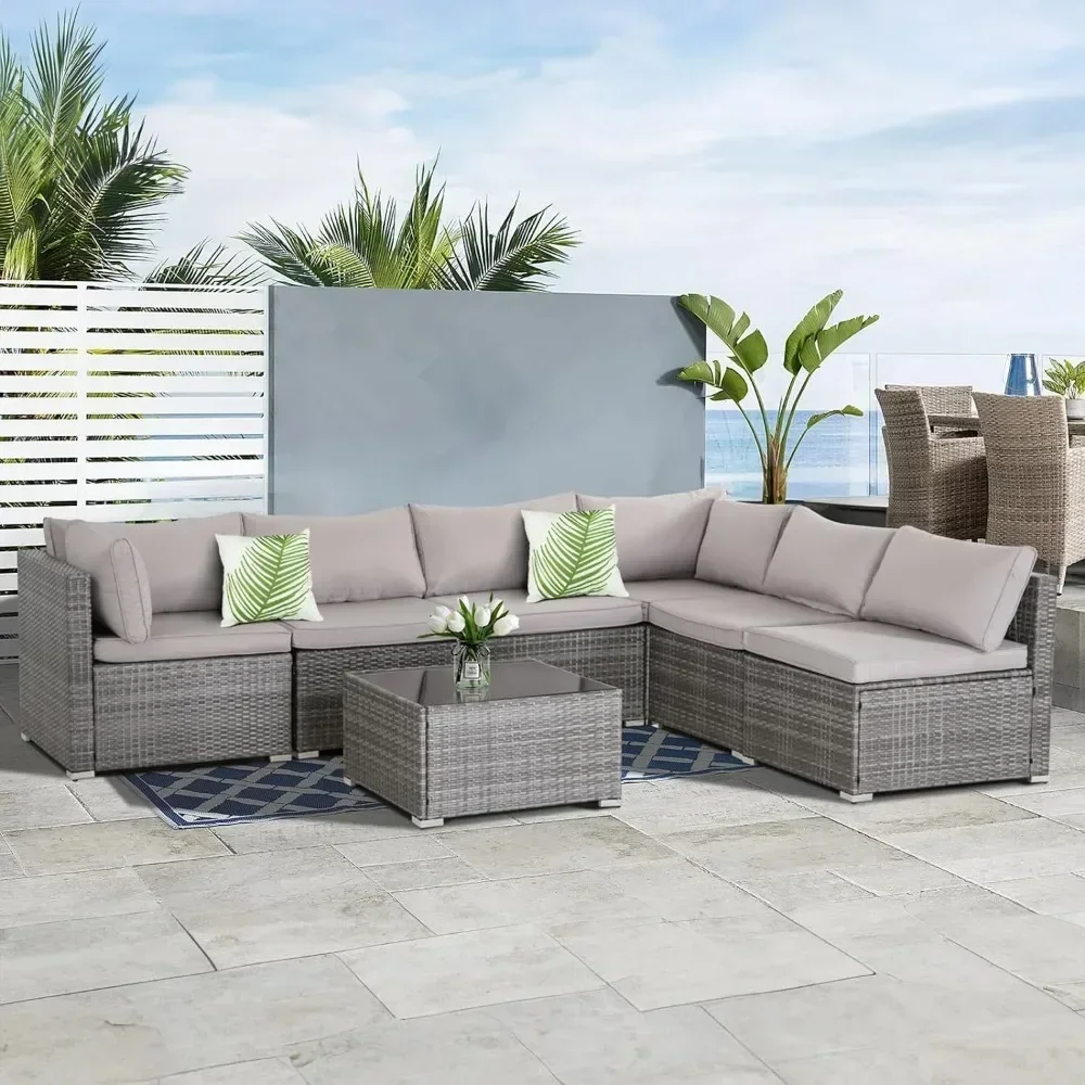 

XMSJ 7 Pieces Patio Furniture Set, Rattan Sectional Sofa Set, Washable Cushions & Glass Table, Garden Furniture Set