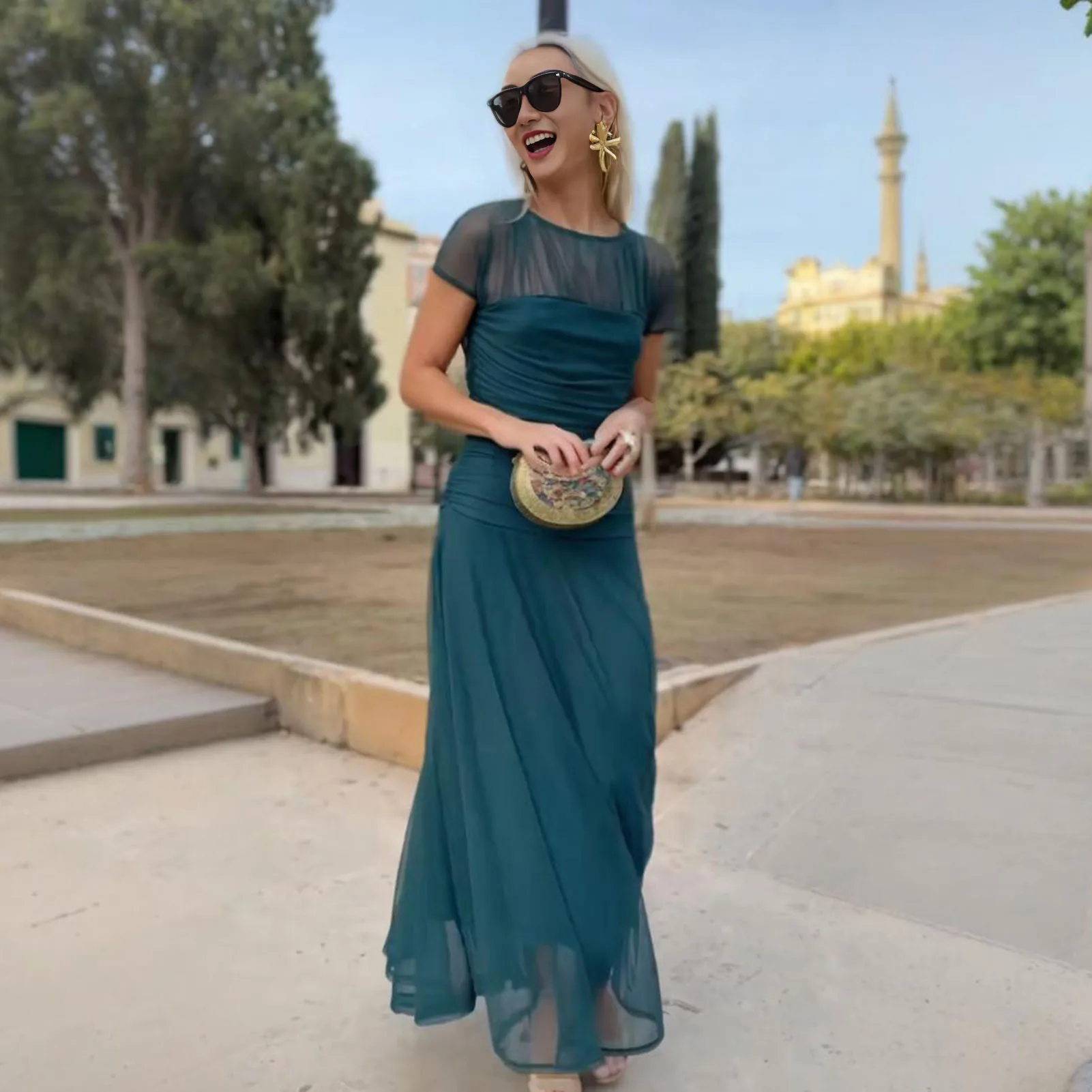 Langes Kleid, schickes, durchsichtiges Mesh-Partykleid für Damen, elegantes, plissiertes O-Ausschnitt-langes Kleid mit tailliertem Detail, schmale Passform für den Abend