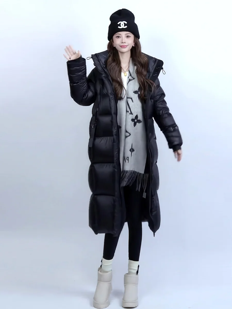 Bla Hooded Mid-Length Women's down Jaet 2025 Winter New Faion Thi Warm White Du Feather Coat Long Sve Zipper