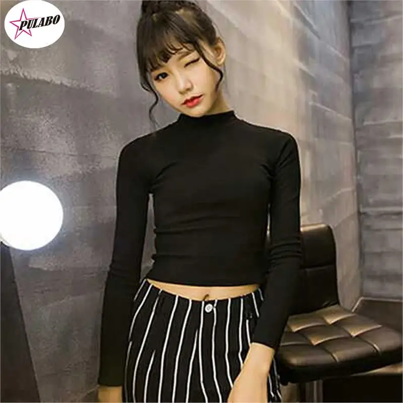 PULABO Women Slim Shirt Turtleneck Elastic Crop Tops Long Sleeve Short T-Shirt Female Autumn Tops Tees Short Casual Black