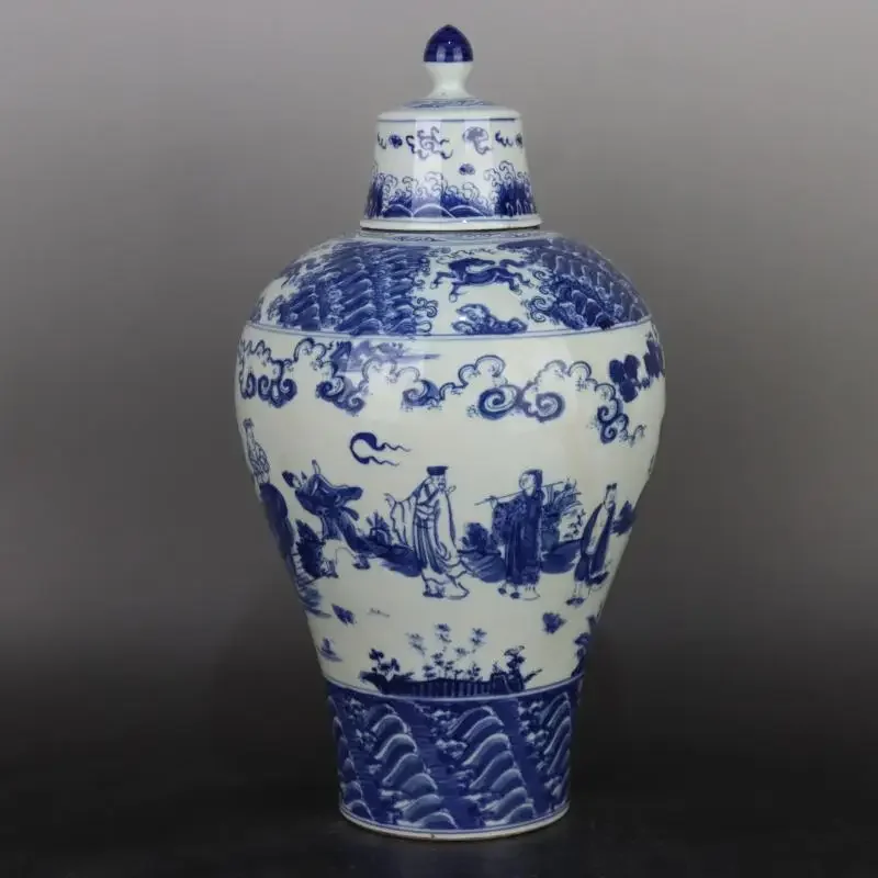 Tarro de jengibre chino antiguo, jarrón de figura de ocho inmortales azul y blanco, porcelana antigua, objetos de decoración del hogar de estilo chino