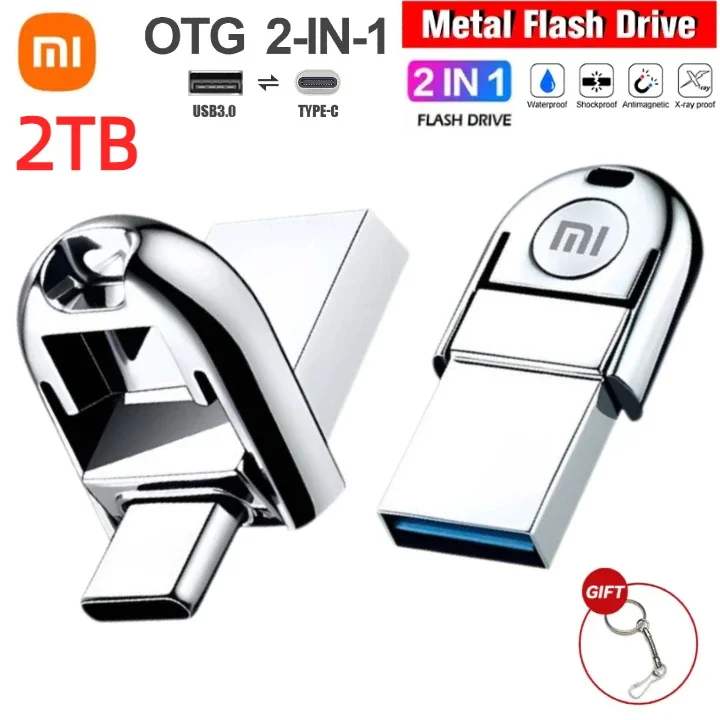 Xiaomi-Clé USB en métal 2 en 1, clé USB, disque flash 128G, clé USB, clé USB, clé USB U avec porte-clés, 2 To