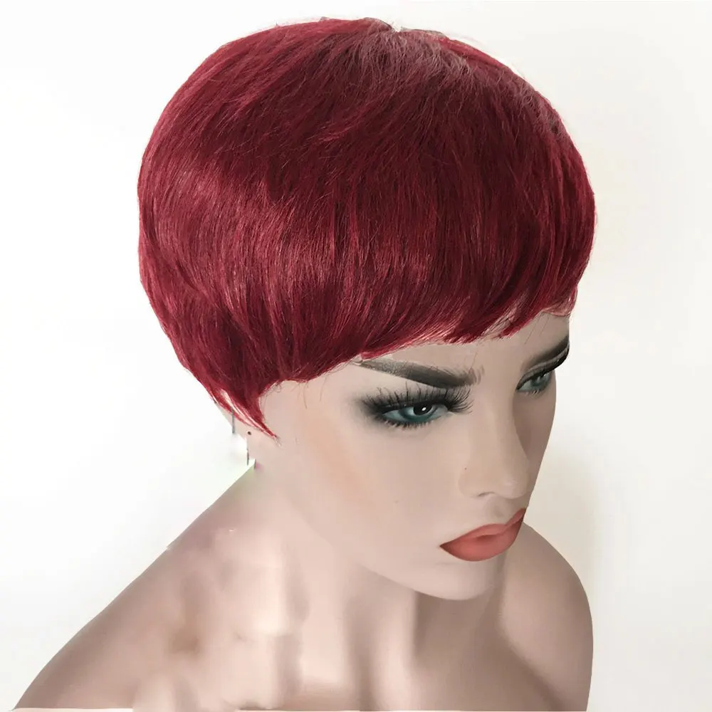 99j Color Dark Burgundy Red Human Hair Wigs for Women Short Pixie Cut Wigs with Bangs Layered Boy Cut Duby Wig Machine Made image 3
