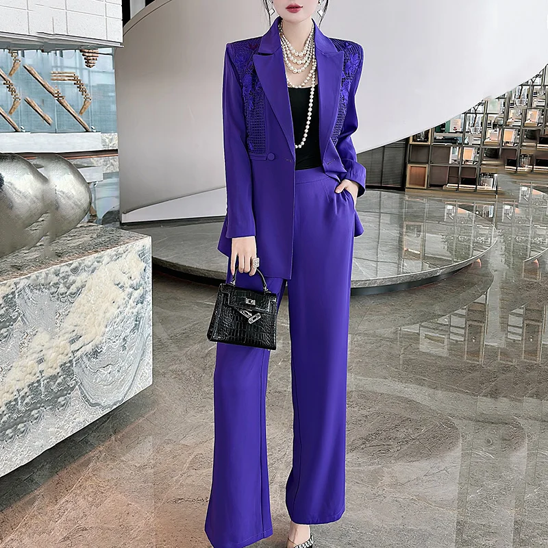 High-end Women Floral Women Set Vintage Embroidery Coat Top + Blue/Purple Trousers Elegant Lady Casual Suit Set S-XXL image 3