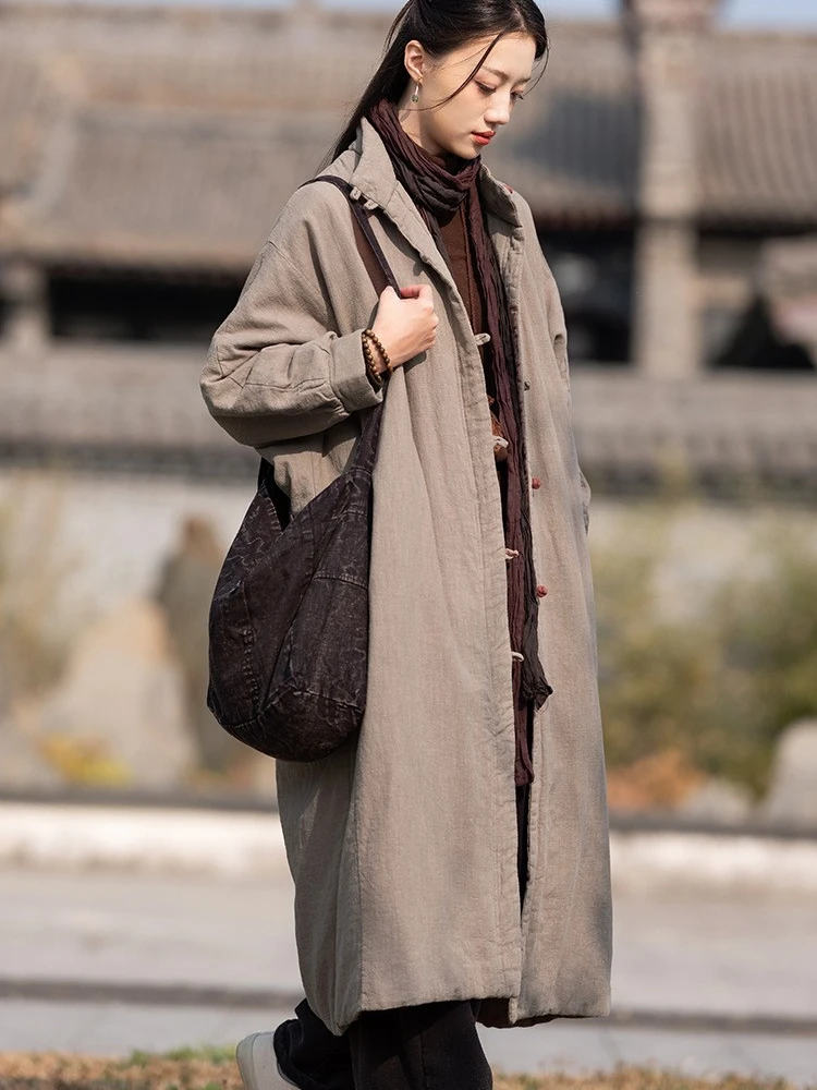 

Warm Cotton Jaet Women's Loose Long Cotton Liner Buttoned Retro National Sle Waed Sand Buttoned Cotton Coat