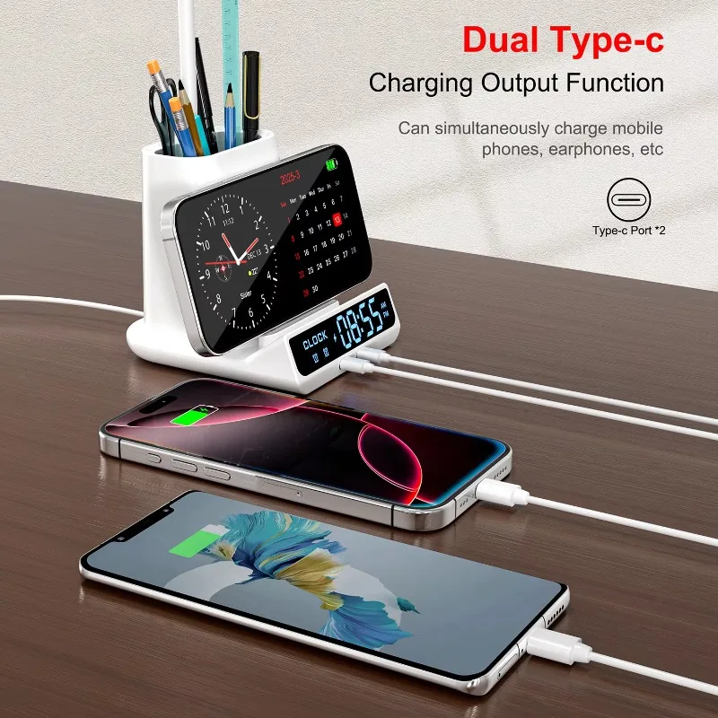 India-5in1 Desk Lamp Alarm Clock Wireless Charger Wireless Charging Station 15w with Pen Holder