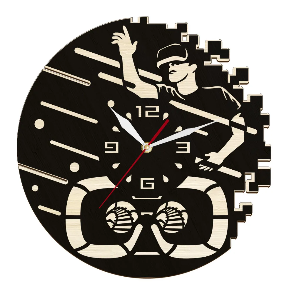 VR Video Game Morden Design Wall Clock Teens Gaming Room Decor Virtual Reality Headset Gamer Nature Wooden Artwork Wall Clock