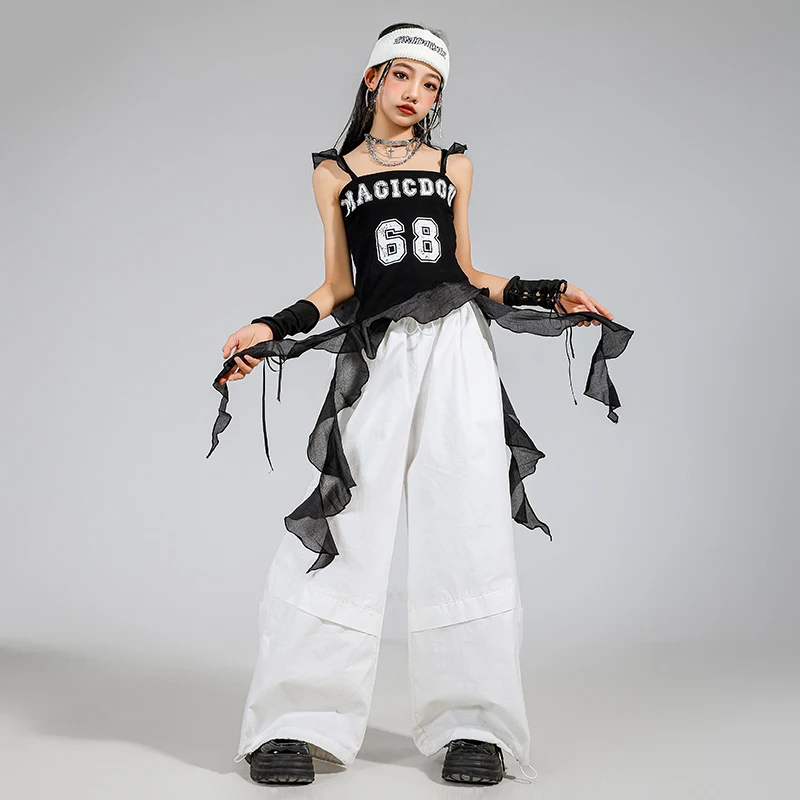 Vêtements de danse Jazz Hip Hop pour filles, Costume Kpop, hauts noirs, pantalons blancs d'été, tenues de pratique amples, Streetwear L16356