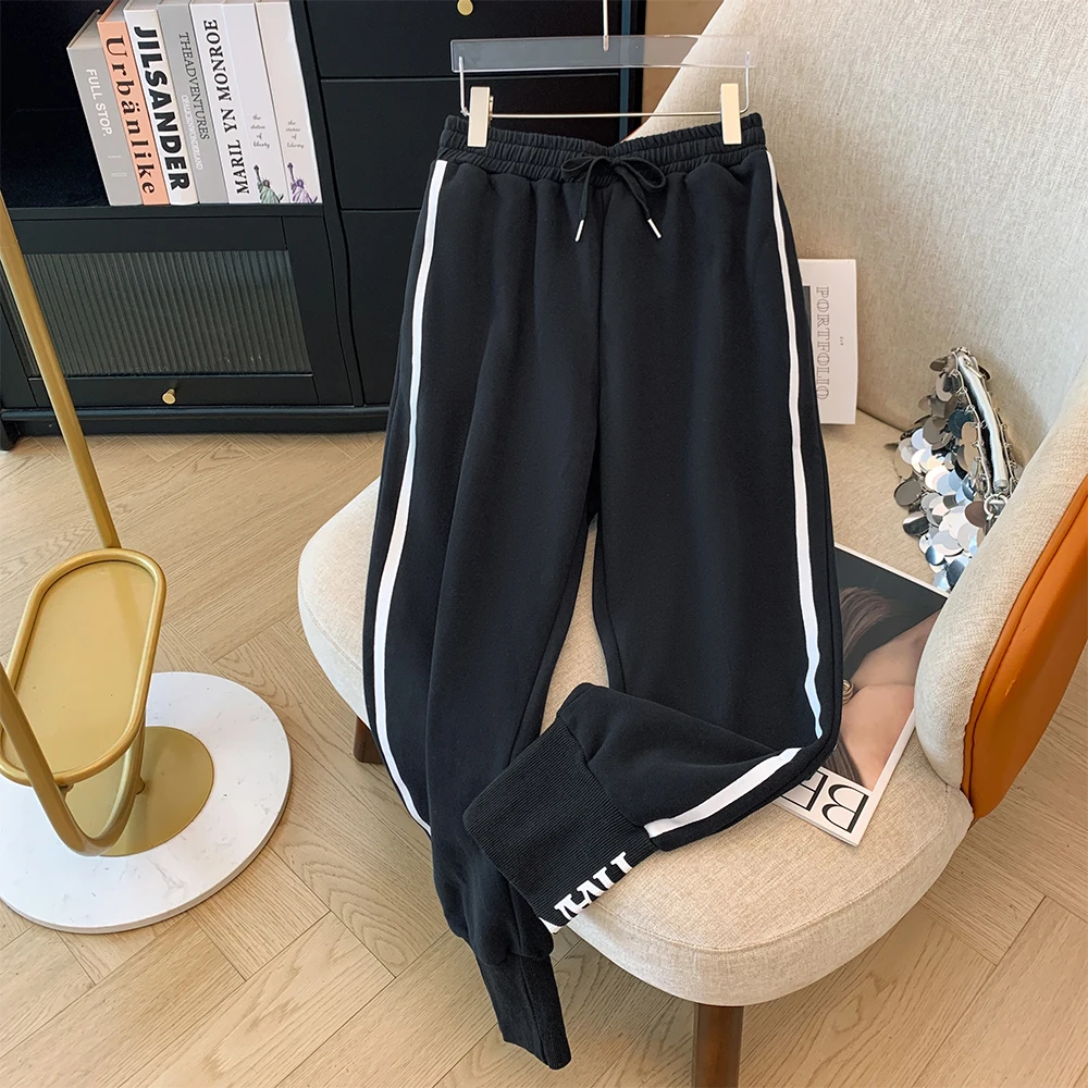 Plus size women's spring and autumn black casual pants draw rope elastic waist loose sweatpants 2024 new women's clothing large