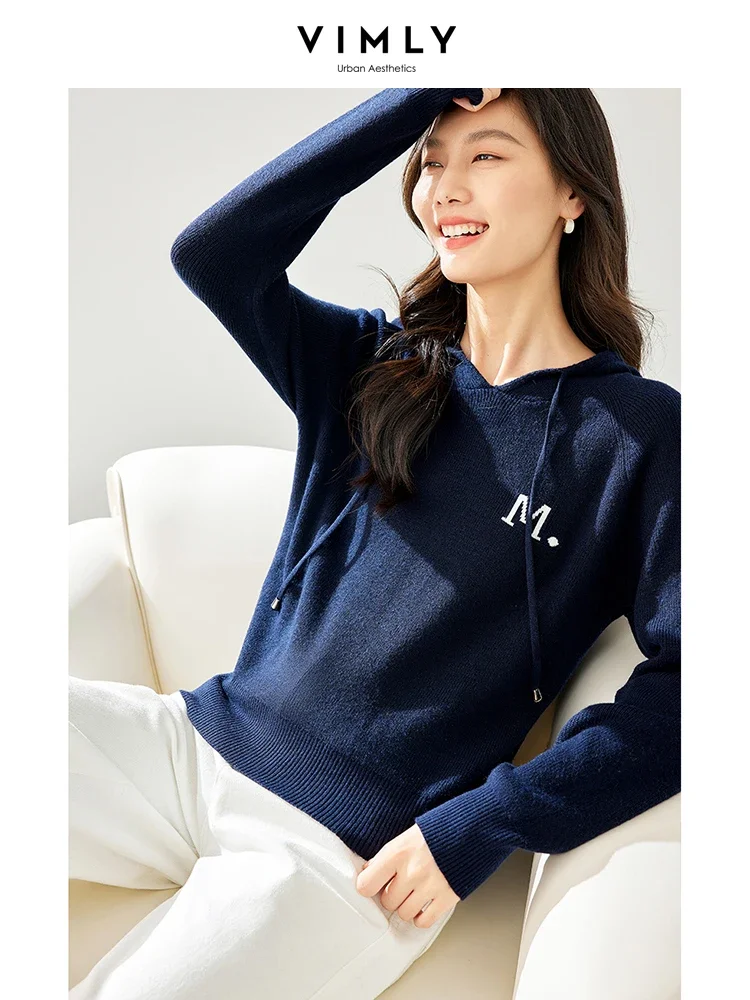 Vimly Wool Blend Hooded Knit Pullovers Women's Long Sleeve Top 2023 Autumn New Casual High Strecth Knitwear Sweater Female 72087