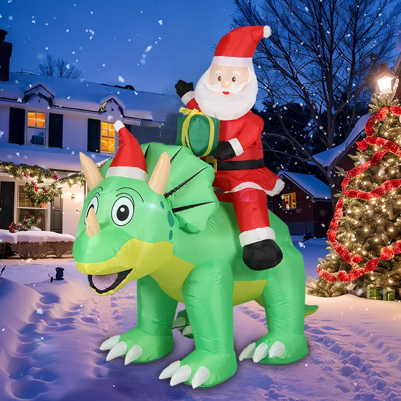 5FT Christmas Inflatables Santa Clause Riding Triceratops Dinosaur Inflatable Holding Gift Box Christmas Outdoor Decoration Toys