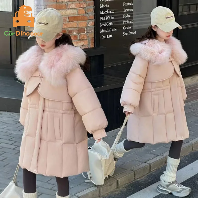 

Girls Parkas With Big Fur Collar Winter Warm Fashion Children Clothing Teenagers Princess Long Outerwear Cotton Padded Outfit