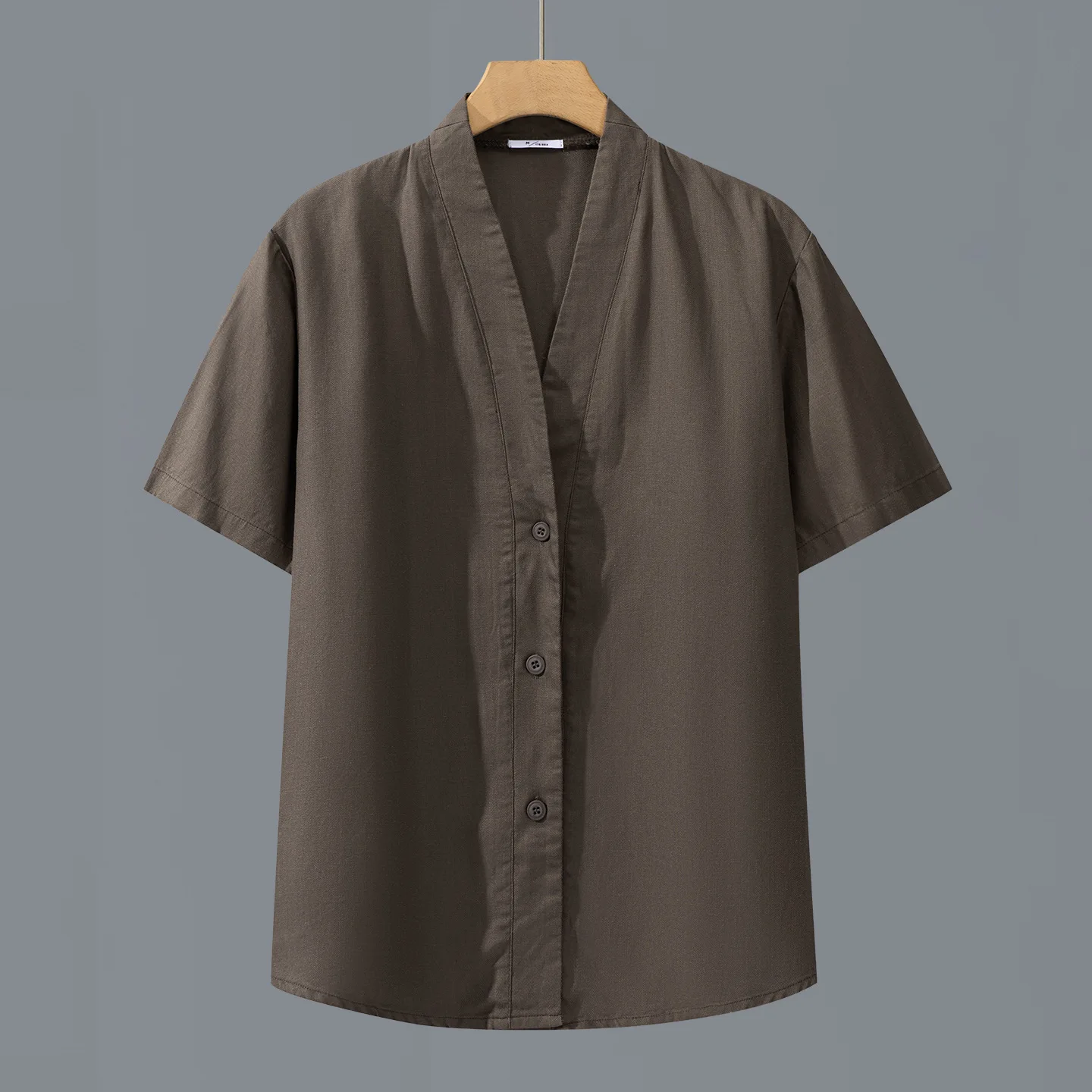 Linen V-neck Short Sleeve Shirt Men's Thin Breathable Sun Protection Lyocell Linen Material Retro Style Tea Service Shirt