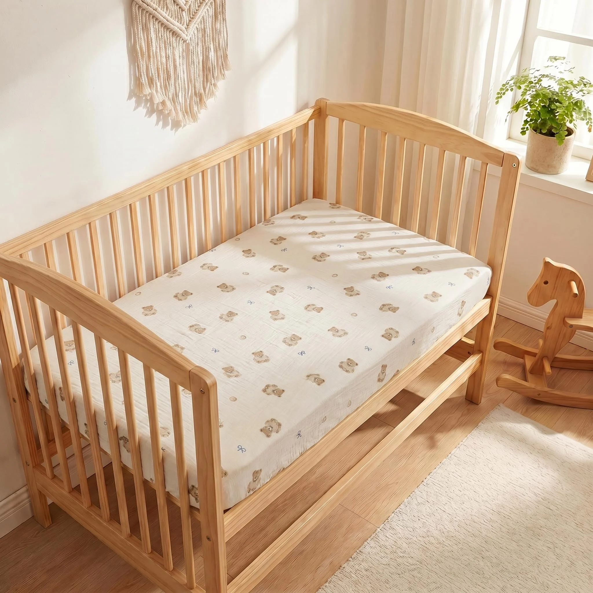 Cotton Double-Layer Gauze Baby Crib Sheet Protector, Breathable Gauze Newborn Mattress Cover, Cute Cartoon Print Children's Bed Cover, Soft and Comfortable, for Boys and Girls