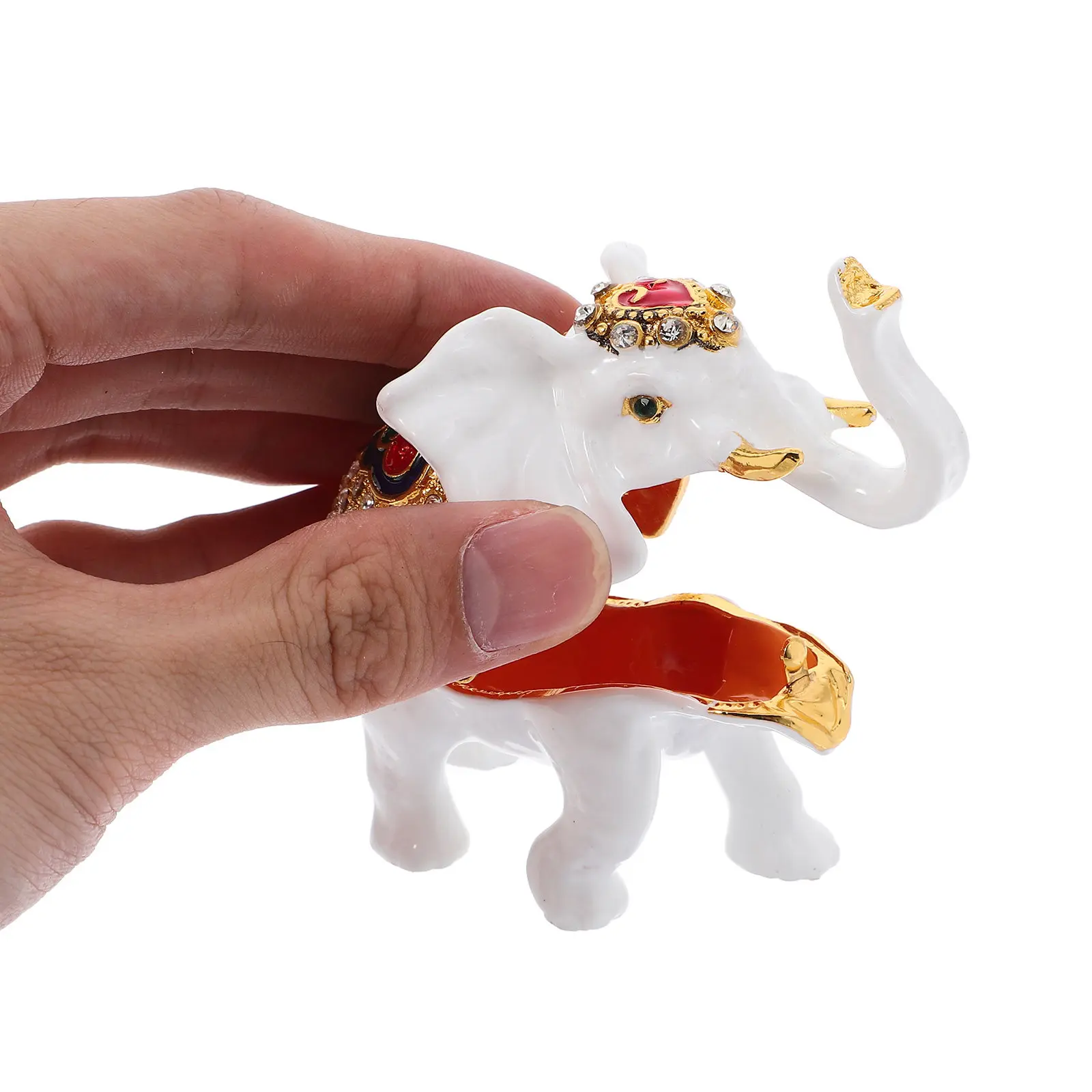 

Enamel Elephant Jewelry Box Hand Painted White Hinged Trinket Box Mini Ring Necklace Organizer Home Decor