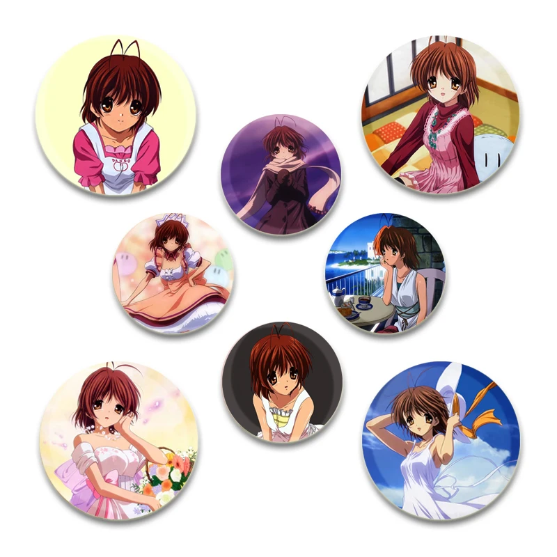 Anime Clannad Brooch Cartoon Figures Kotomi Ichinose Youhei Sunohara Tomoyo Sakagami Badge Snap-in Pins for Backpack Accessories