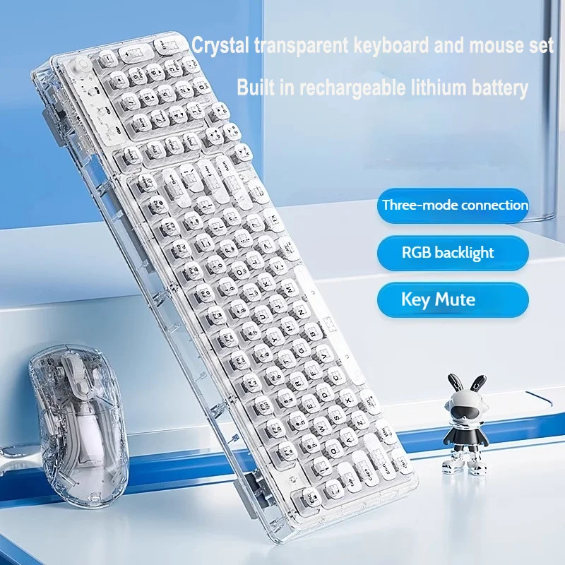 Transparent RGB Full-Color Backlight Bluetooth Wireless Keyboard 3-Mode Connection Long Battery Life Mute Mechanical Keyboard