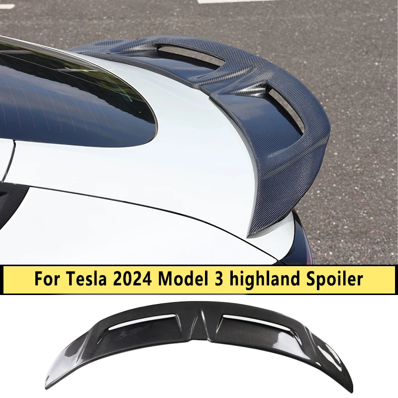 For 2024 Tesla New Model 3 Highland Rear Trunk Sports style Spoiler Tail Wing Bright Carbon fiber material and Black Accessories