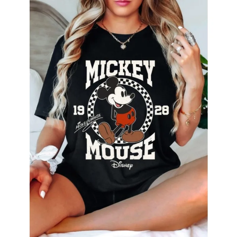 Camiseta Retro a cuadros de Mickey y Minnie Mouse 1928, camiseta de pareja de Disney, camiseta de verano de manga corta de algodón puro con cuello redondo para mujer