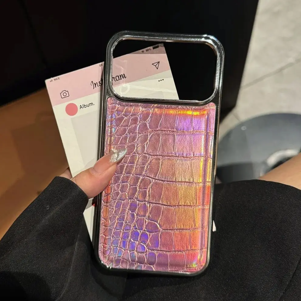 Luxuriöse Aurora-Krokodilmuster-Leder-Handyhülle für iPhone 17, Air 16, 15, 14, 13, 12, 11 Pro Max Plus, Überzug mit Farbverlauf, Laser-Abdeckung