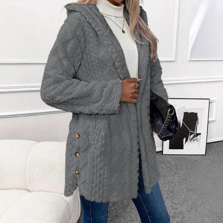 Casual Hooded Coat Loose Fit Commuter with Button Closure Thick Hooded Collar 3D Effect Pattern Winter Long Sleeve for Women