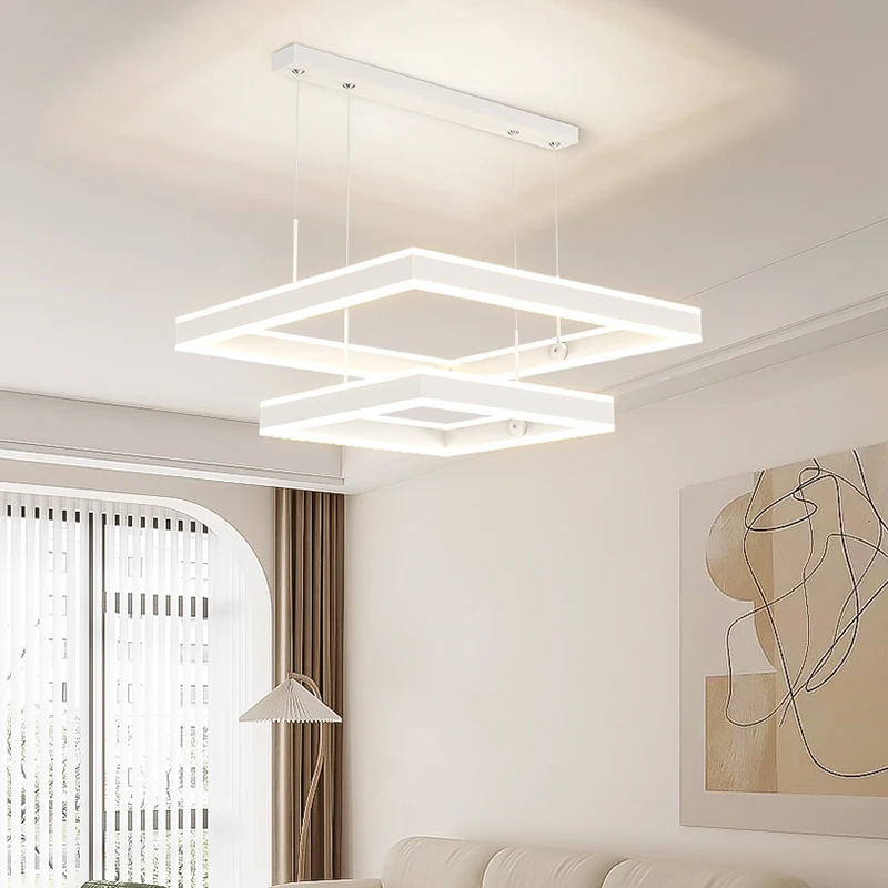 Modern Simple Living Room Pendant Light Cream Style Square White Chandelier Nordic Bedroom Minimalist