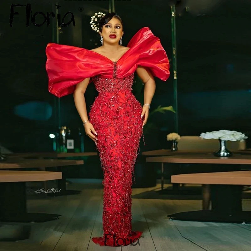 Floria-vestido de fiesta de Organza con volantes rojos, vestido de lujo de Dubái, vestido de sirena con cuentas completas, vestidos de graduación de boda, vestido de compromiso árabe