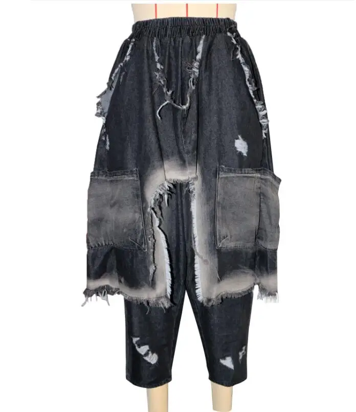 Calças de brim femininas harem calças buraco bolsos estilo punk jean 2025 rasgado tornozelo comprimento calças cintura elástica borlas lavadas angustiadas