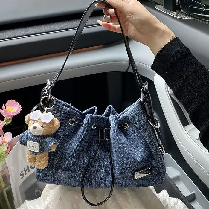 

JIAERDI Retro Denim Drawstring Tote Bag Women Pleated Large Capacity Simple Shoulder Bag Ladies Casual Commuter Everyday Handbag