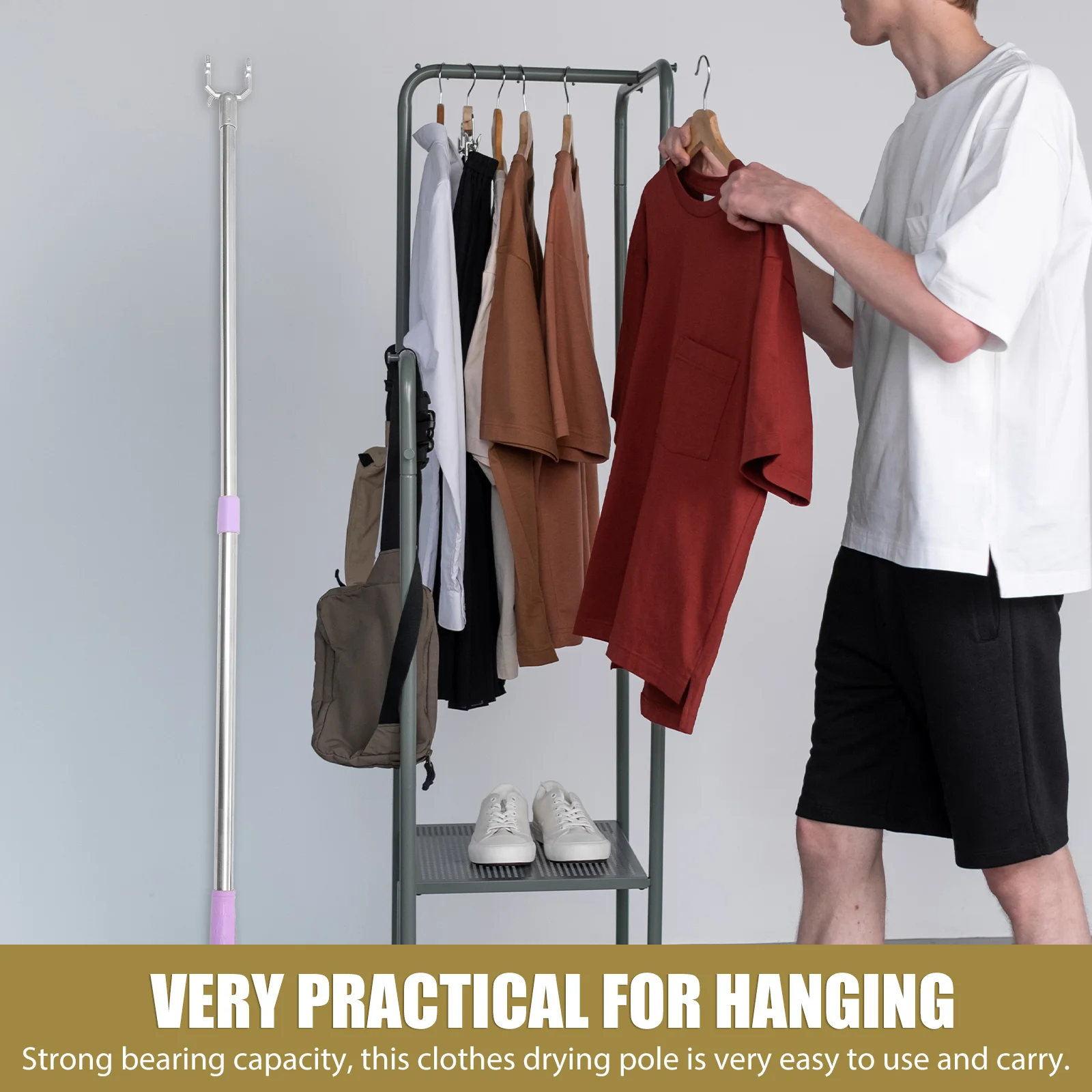 

Telescopic Stainless Steel Clothes Drying Rod Retractable Laundry Fork Pole Purple Aluminum Wide Use Home Balcony Wardrobe