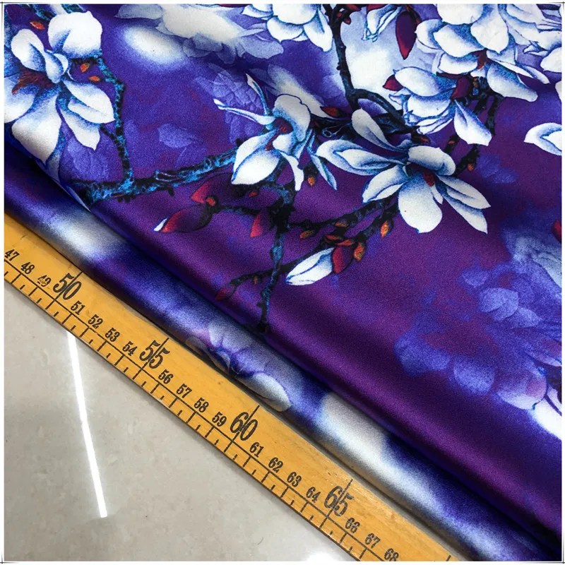 High Quality 40momme Inkjet Printing Wide Silk Dark Purple Pear Flower Stretch Thick Satin Cheongsam Fabric