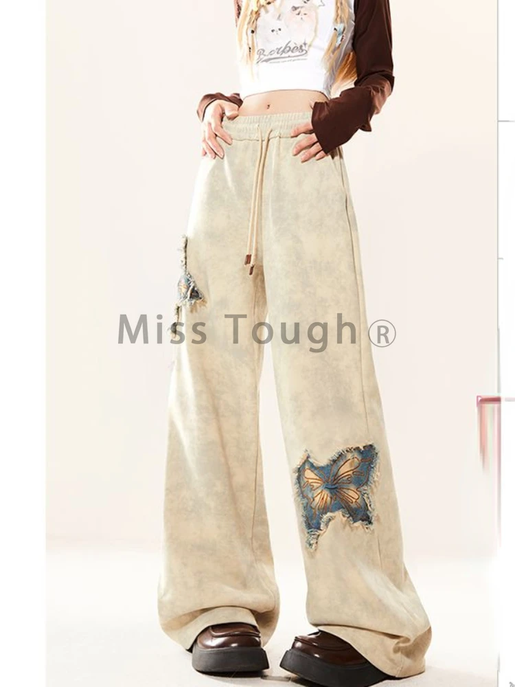 Autumn Plus-size American Retro Clothing Women Fashion Street Wear Wide Leg Female Casual Butterfly Design Loose Straight Pants