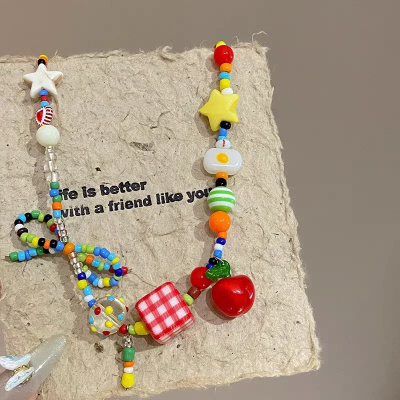 البوهيمي صيف جديد الدوبامين الملونة التفاح ستار مطرز قلادة Harajuku الكرتون الفاكهة القوس سلسلة الترقوة خرز زاهي الألوان المختنق