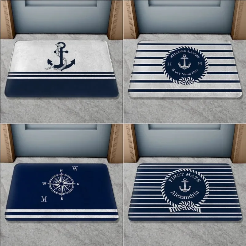 Anti-slip door mat, nautical compass sailboat rope anchor decorative floor mat, indoor and outdoor bathroom carpet